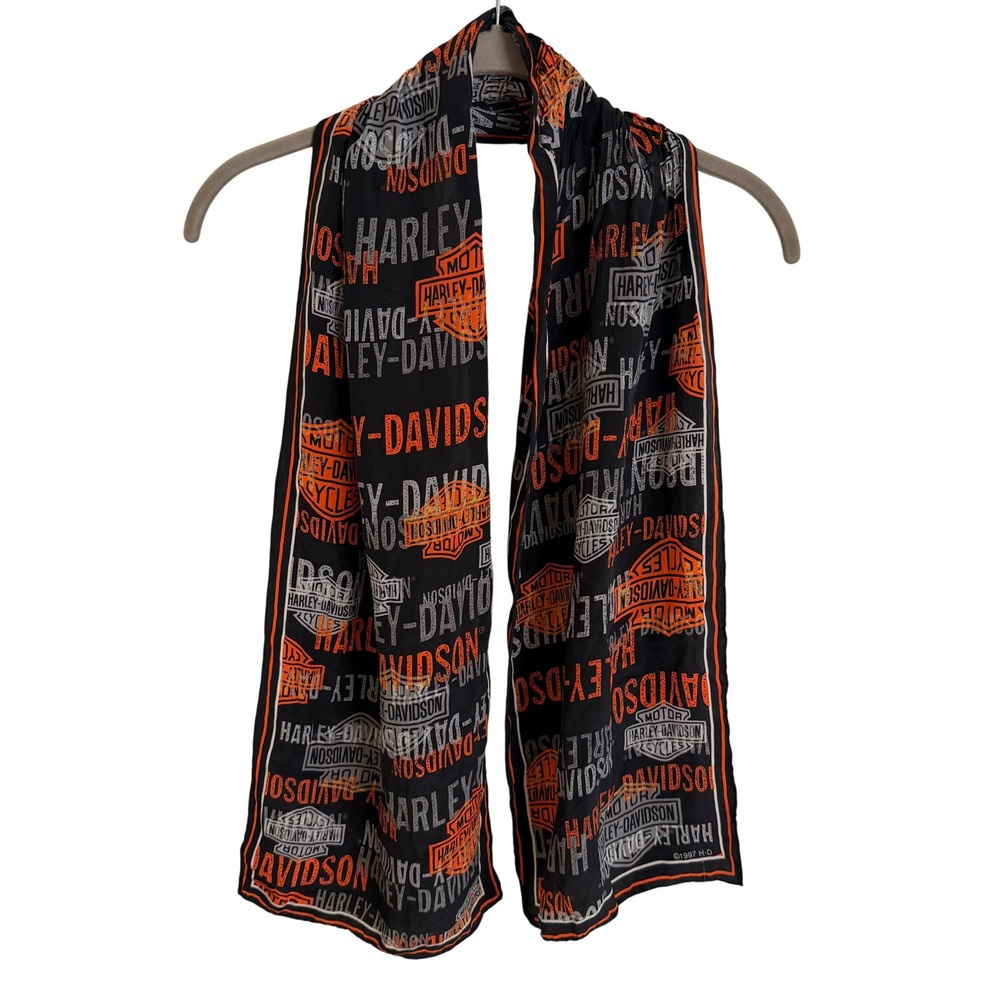Vintage 1997 Harley Davidson‎ Silk Scarf Black Orange Logo Print Biker 90s Biker